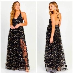 Alter'd State Arabella Black and Gold Embroidered Maxi Dress Size Medium